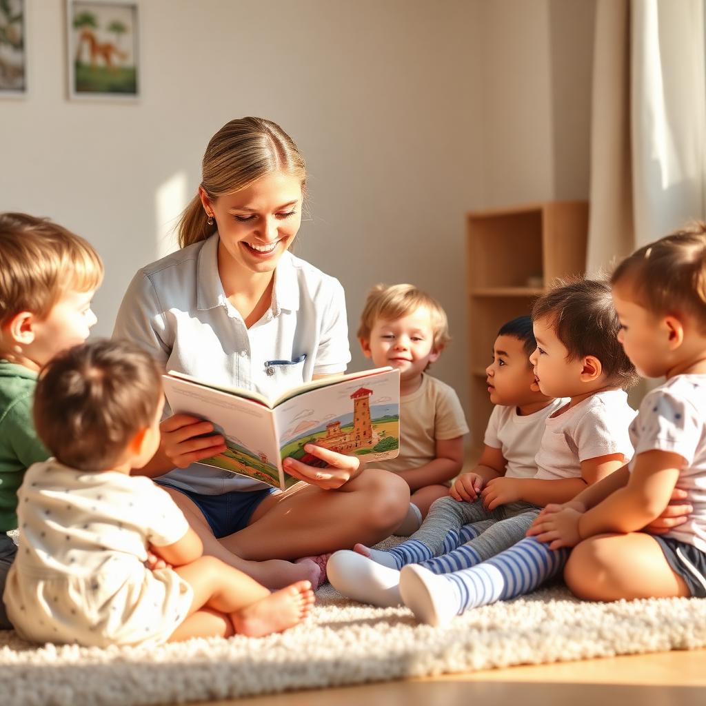 Warm caregiver reading to preschoolers