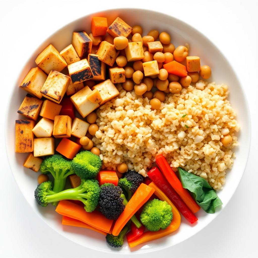 Healthy high-protein vegetarian preschool meal with tofu, chickpeas, quinoa and fresh vegetables